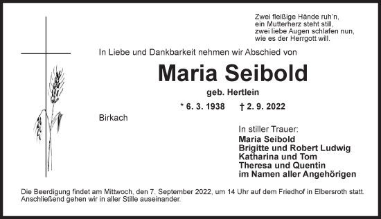 Traueranzeige von Maria Seibold von Dinkelsbühl/ Feuchtwangen