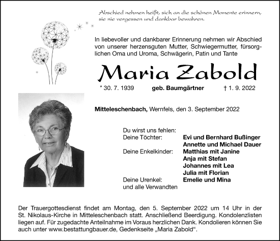 Traueranzeige von Maria Zabold von Ansbach