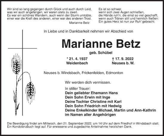 Traueranzeige von Marianne Betz von Ansbach