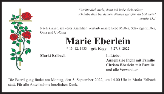 Traueranzeige von Marie Eberlein von Neustadt/ Scheinfeld/ Uffenheim