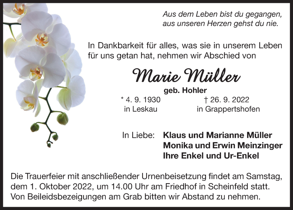  Traueranzeige für Marie Müller vom 29.09.2022 aus Neustadt/ Scheinfeld/ Uffenheim