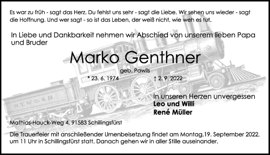 Traueranzeige von Marko Genthner von Rothenburg