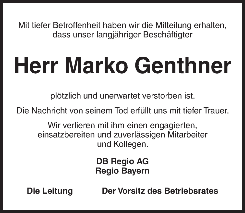  Traueranzeige für Marko Genthner vom 17.09.2022 aus GE