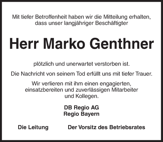 Traueranzeige von Marko Genthner von GE