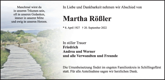 Traueranzeige von Martha Rößler von Rothenburg