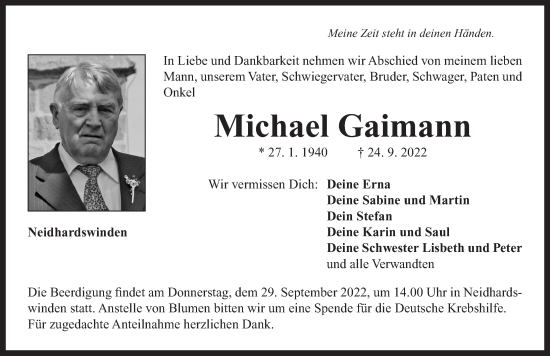 Traueranzeige von Michael Gaimann von Neustadt/ Scheinfeld/ Uffenheim