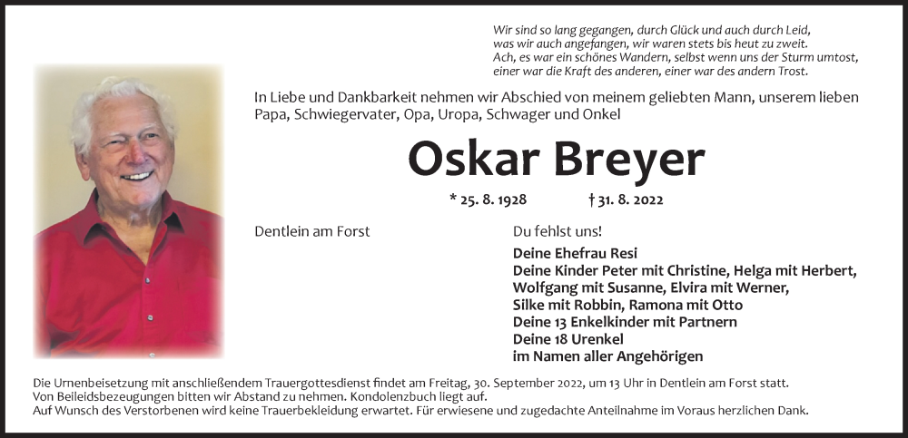  Traueranzeige für Oskar Breyer vom 24.09.2022 aus Dinkelsbühl/ Feuchtwangen