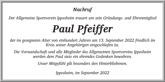 Traueranzeige von Paul Pfeiffer von Neustadt/ Scheinfeld/ Uffenheim