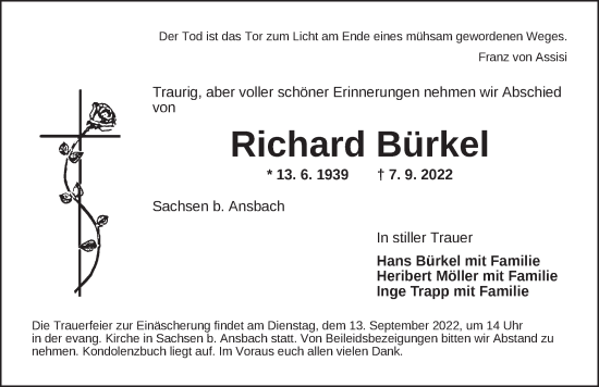 Traueranzeige von Richard Bürkel von Ansbach