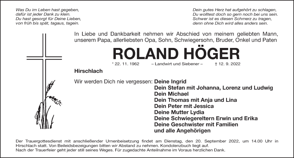  Traueranzeige für Roland Höger vom 17.09.2022 aus Ansbach