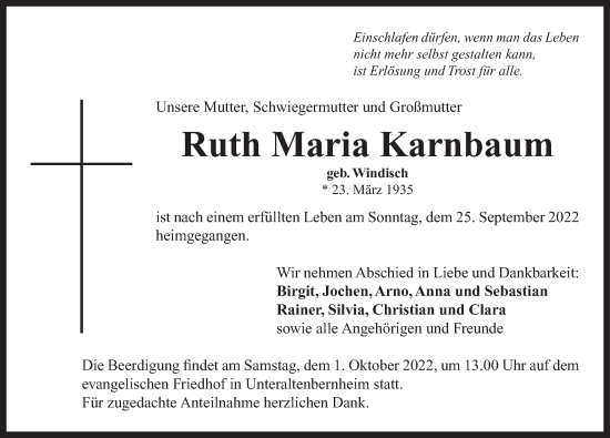 Traueranzeige von Ruth Maria Karnbaum von Neustadt/ Scheinfeld/ Uffenheim