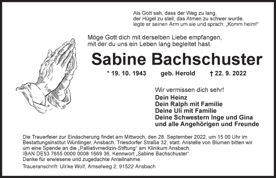 Traueranzeige von Sabine Bachschuster von Ansbach