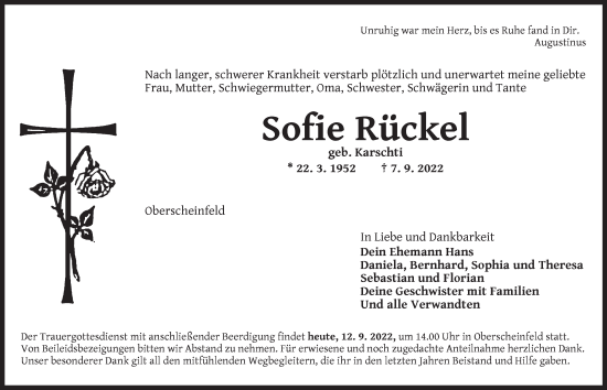 Traueranzeige von Sofie Rückel von Neustadt/ Scheinfeld/ Uffenheim