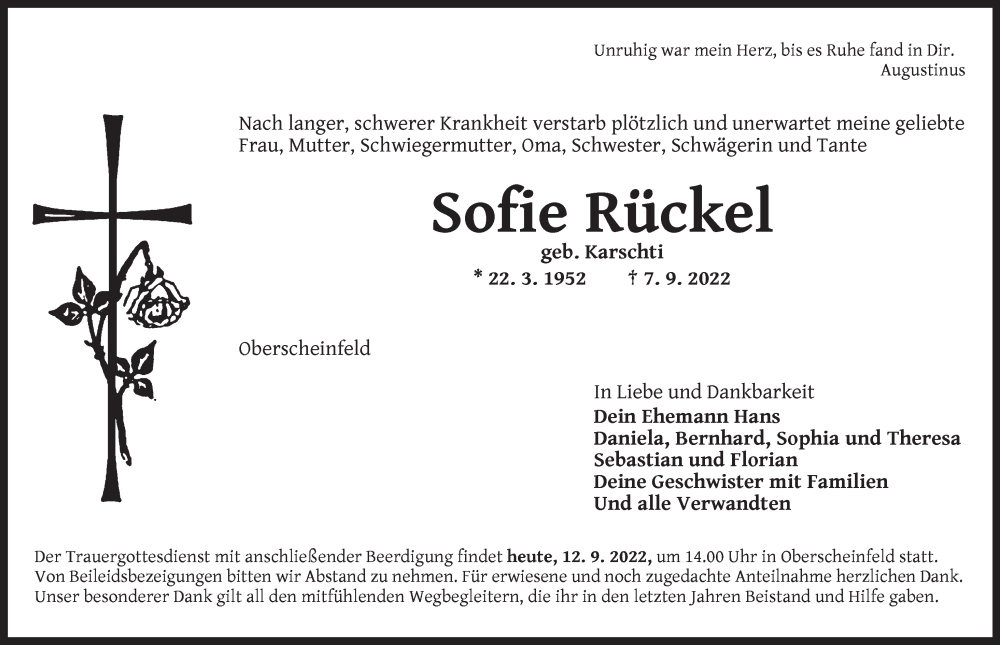  Traueranzeige für Sofie Rückel vom 12.09.2022 aus Neustadt/ Scheinfeld/ Uffenheim