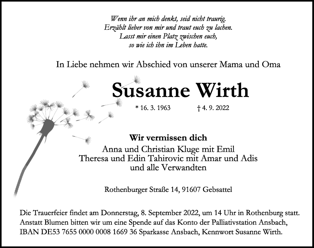  Traueranzeige für Susanne Wirth vom 07.09.2022 aus Rothenburg