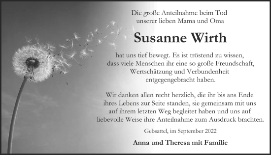 Traueranzeige von Susanne Wirth von Rothenburg