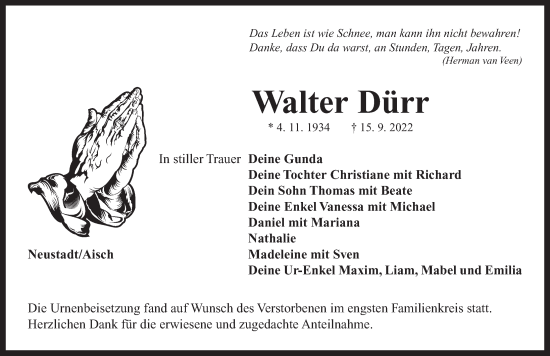 Traueranzeige von Walter Dürr von Neustadt/ Scheinfeld/ Uffenheim