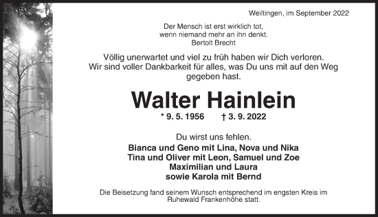 Traueranzeige von Walter Hainlein von Dinkelsbühl/ Feuchtwangen