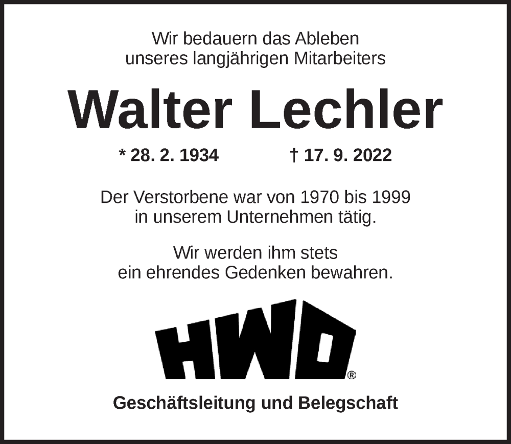  Traueranzeige für Walter Lechler vom 21.09.2022 aus Dinkelsbühl/ Feuchtwangen