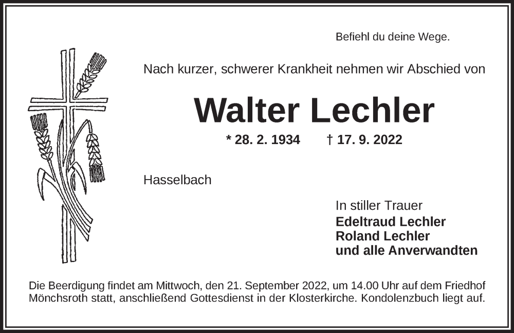  Traueranzeige für Walter Lechler vom 20.09.2022 aus Dinkelsbühl/ Feuchtwangen