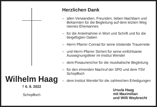 Traueranzeige von Wilhelm Haag von Dinkelsbühl/ Feuchtwangen