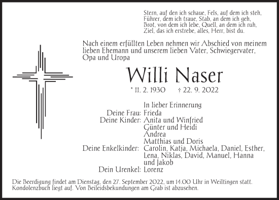 Traueranzeige von Willi Naser von Dinkelsbühl/ Feuchtwangen