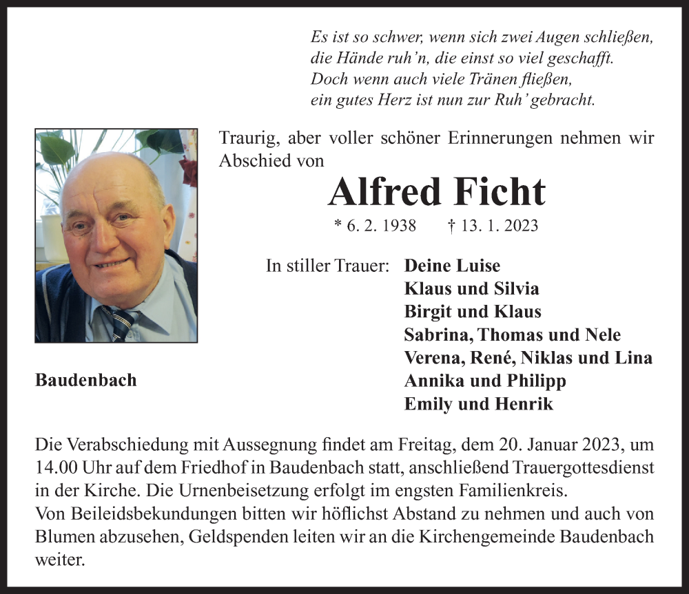  Traueranzeige für Alfred Ficht vom 18.01.2023 aus Neustadt/ Scheinfeld/ Uffenheim