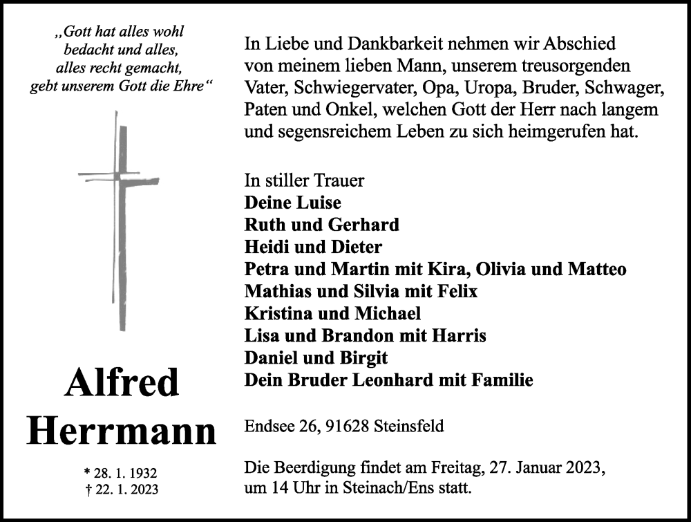  Traueranzeige für Alfred Herrmann vom 25.01.2023 aus Rothenburg