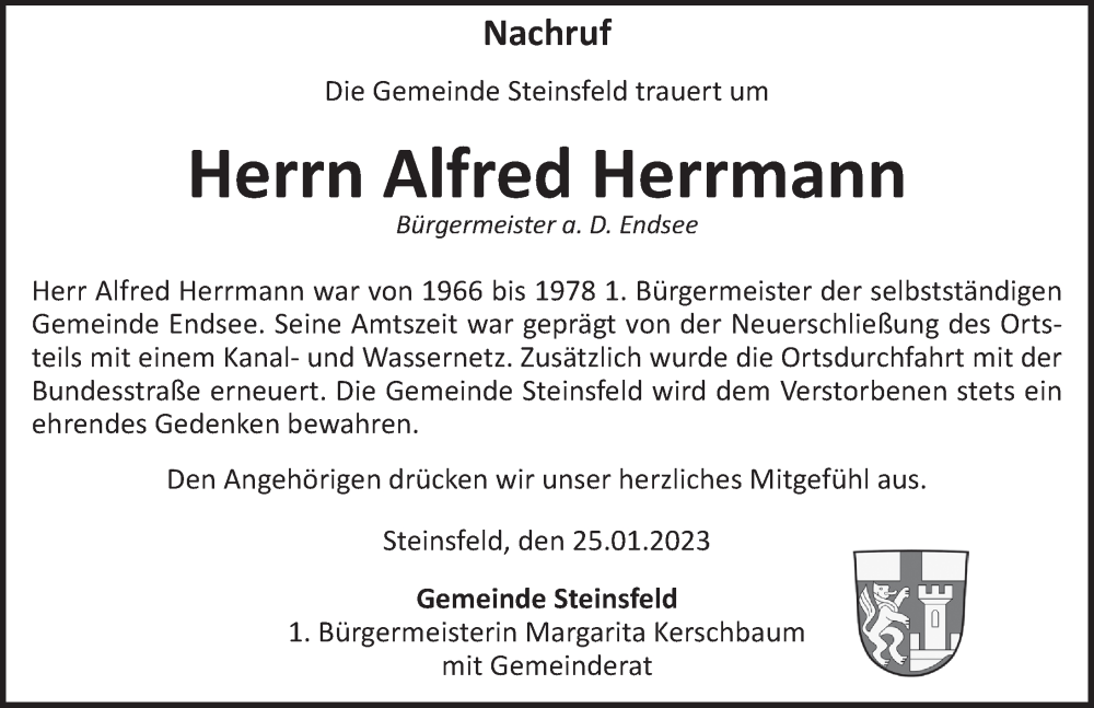  Traueranzeige für Alfred Herrmann vom 26.01.2023 aus Rothenburg