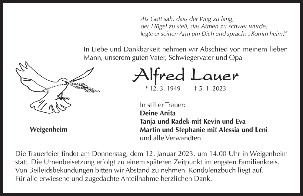  Traueranzeige für Alfred Lauer vom 10.01.2023 aus Neustadt/ Scheinfeld/ Uffenheim