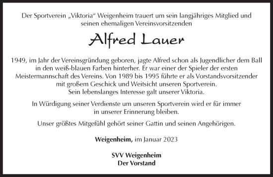 Traueranzeige von Alfred Lauer von Neustadt/ Scheinfeld/ Uffenheim