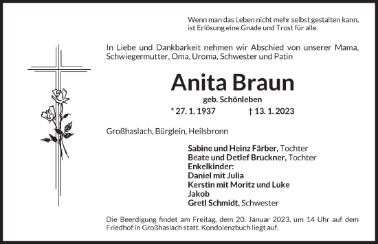 Traueranzeige von Anita Braun von Ansbach