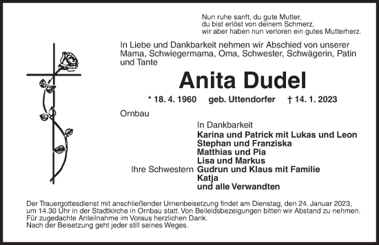 Traueranzeige von Anita Dudel von Ansbach