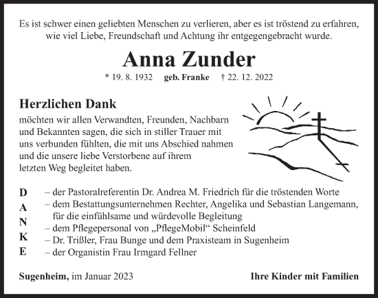 Traueranzeige von Anna Zunder von Neustadt/ Scheinfeld/ Uffenheim