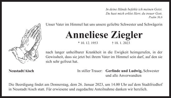 Traueranzeige von Anneliese Ziegler von Neustadt/ Scheinfeld/ Uffenheim