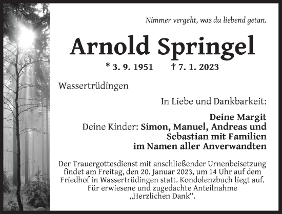 Traueranzeige von Arnold Springel von Dinkelsbühl/ Feuchtwangen