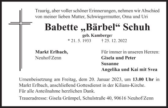 Traueranzeige von Babette Schuh von Neustadt/ Scheinfeld/ Uffenheim