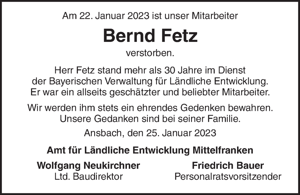  Traueranzeige für Bernd Fetz vom 25.01.2023 aus Ansbach