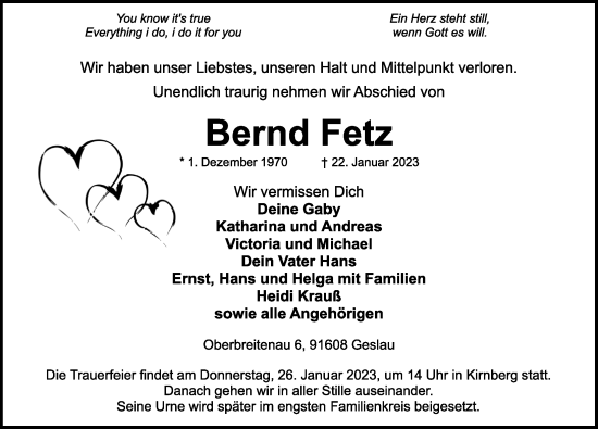 Traueranzeige von Bernd Fetz von Ansbach