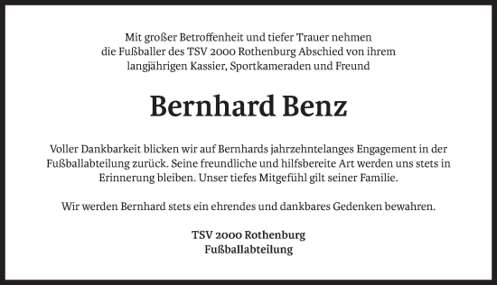 Traueranzeige von Bernhard Benz von Rothenburg