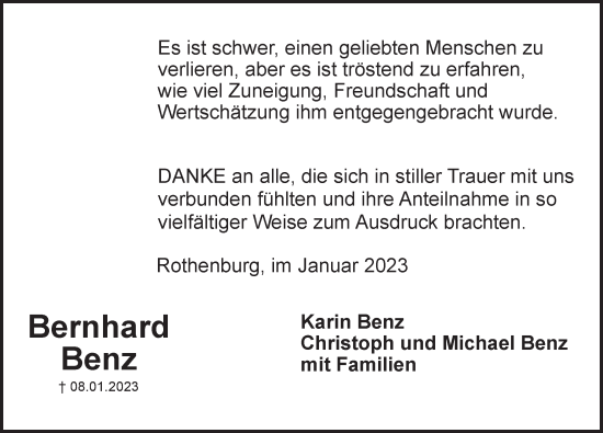 Traueranzeige von Bernhard Benz von Rothenburg