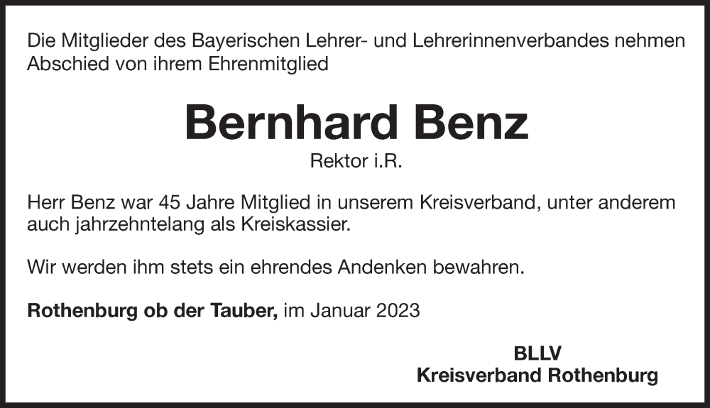  Traueranzeige für Bernhard Benz vom 12.01.2023 aus Rothenburg