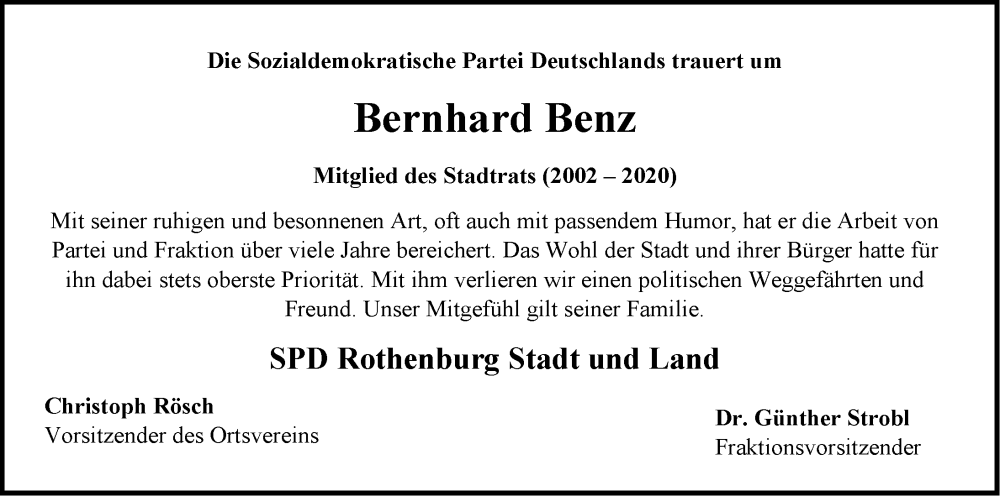  Traueranzeige für Bernhard Benz vom 13.01.2023 aus Rothenburg