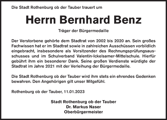 Traueranzeige von Bernhard Benz von Rothenburg