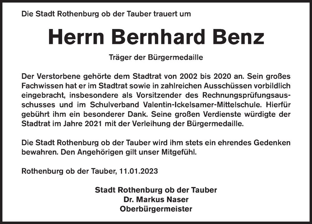  Traueranzeige für Bernhard Benz vom 12.01.2023 aus Rothenburg