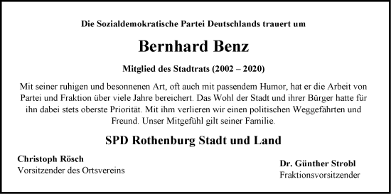 Traueranzeige von Bernhard Benz von Rothenburg