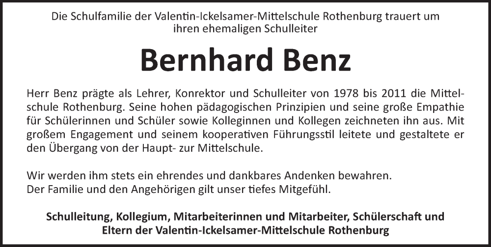  Traueranzeige für Bernhard Benz vom 12.01.2023 aus Rothenburg