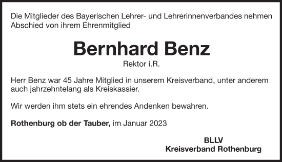 Traueranzeige von Bernhard Benz von Rothenburg