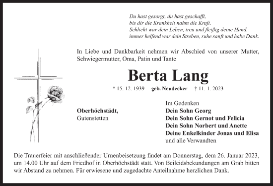 Traueranzeige von Berta Lang von Neustadt/ Scheinfeld/ Uffenheim