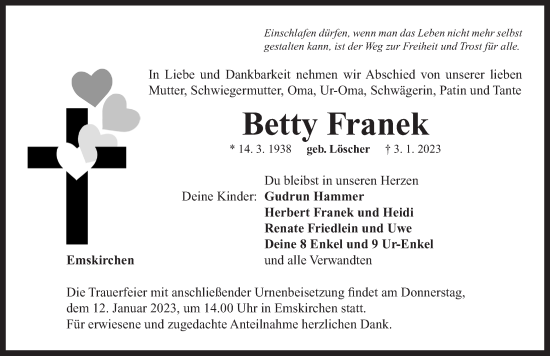 Traueranzeige von Betty Franek von Neustadt/ Scheinfeld/ Uffenheim